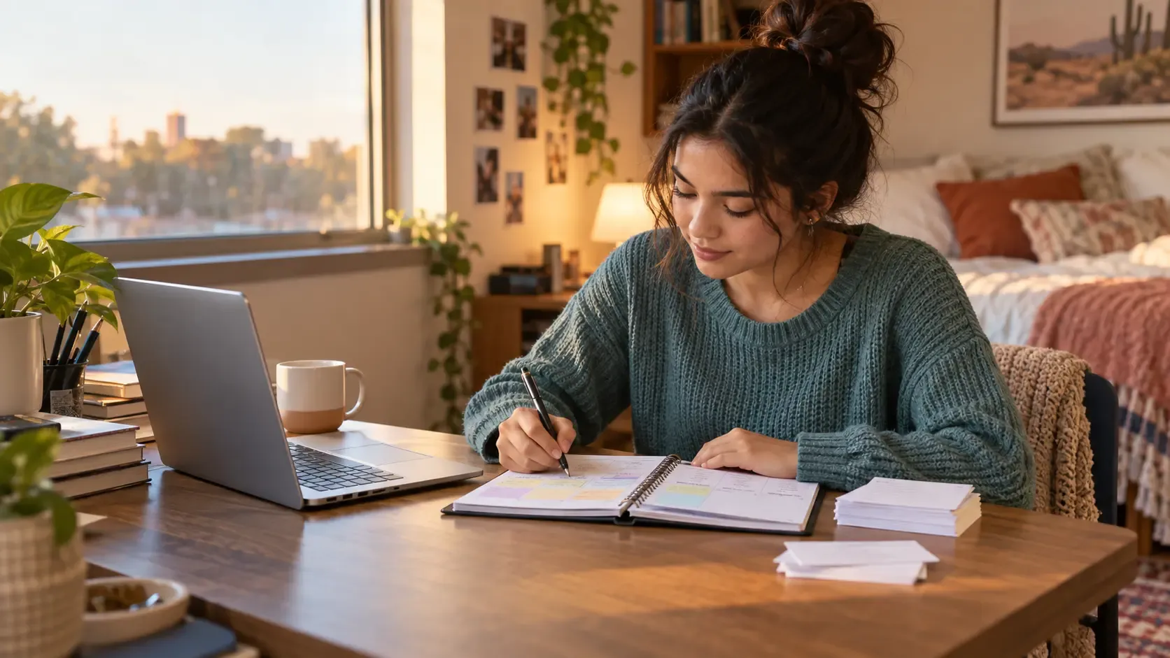 College student uses a weekly planner and practice cards at a warm, sunlit study desk.