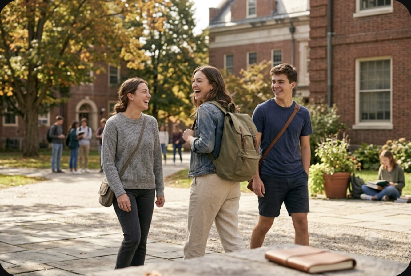 Three students with backpacks walk together along a campus path beside brick buildings.