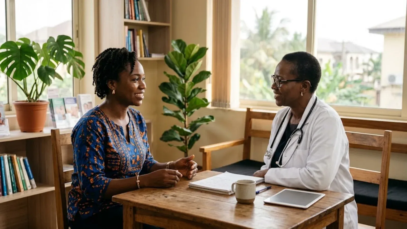 A woman talking with a clinician in a bright office