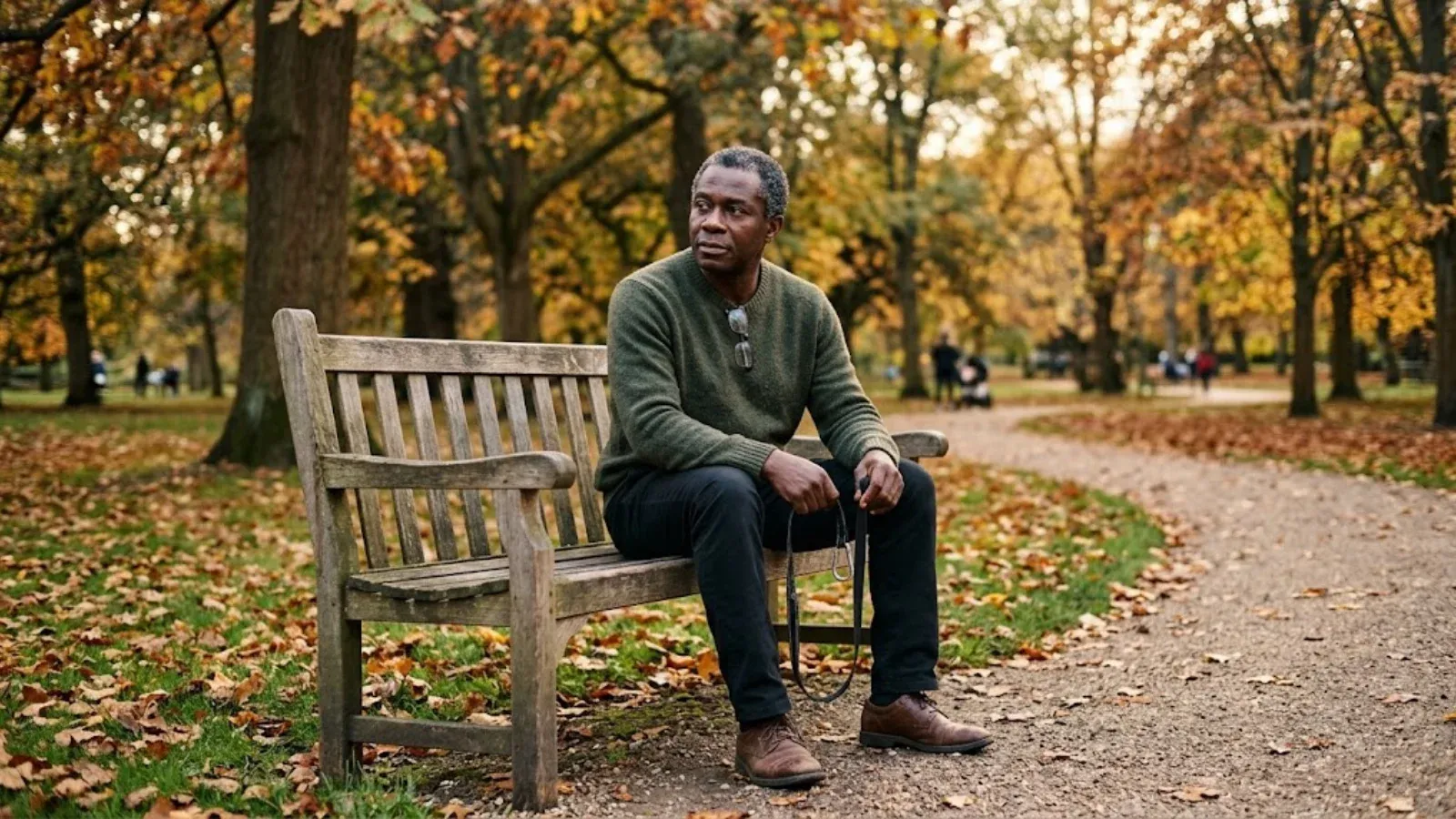 A veteran sitting alone on a park bench