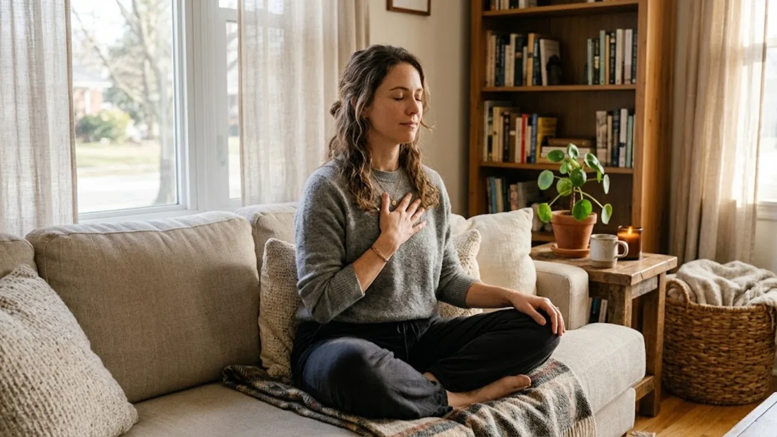 A woman sitting cross-legged on a couch with a hand on her chest doing a calming breath