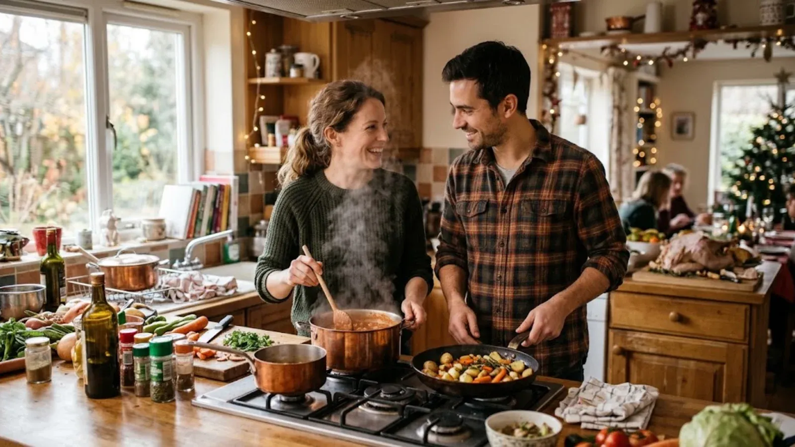 A busy kitchen with a couple preparing a holiday meal together