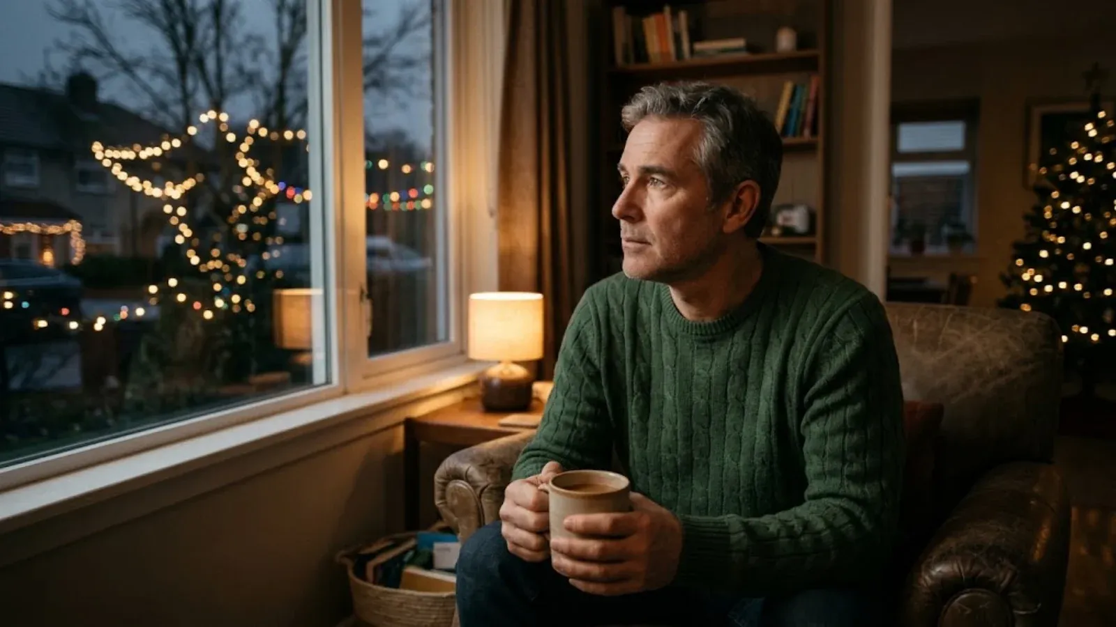 A man alone by a window at the holidays