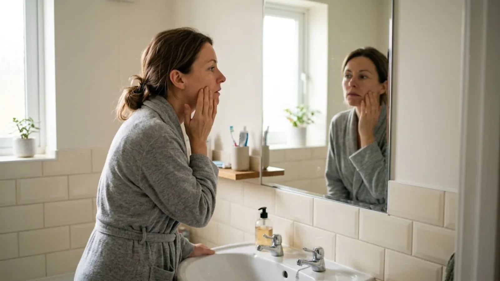 A woman looking thoughtfully at her reflection in a bathroom mirror in the morning