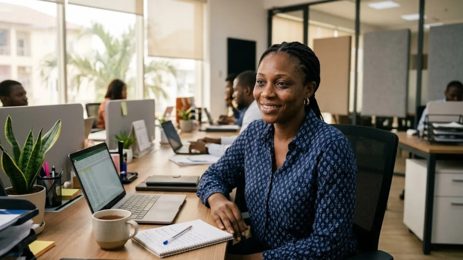 A woman smiling at work while looking tired