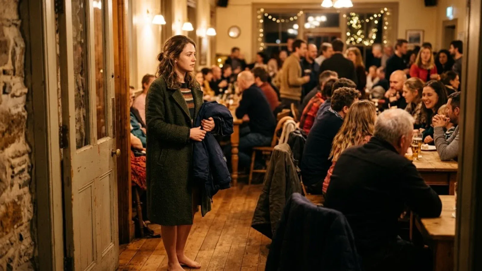 A woman hesitating at the edge of a busy room