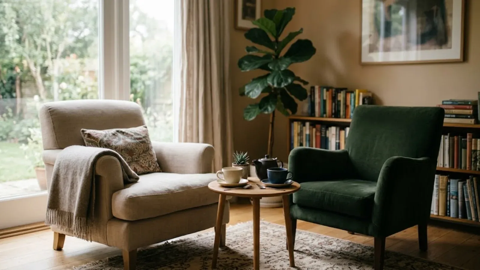 A softly lit living room set up for a calm conversation