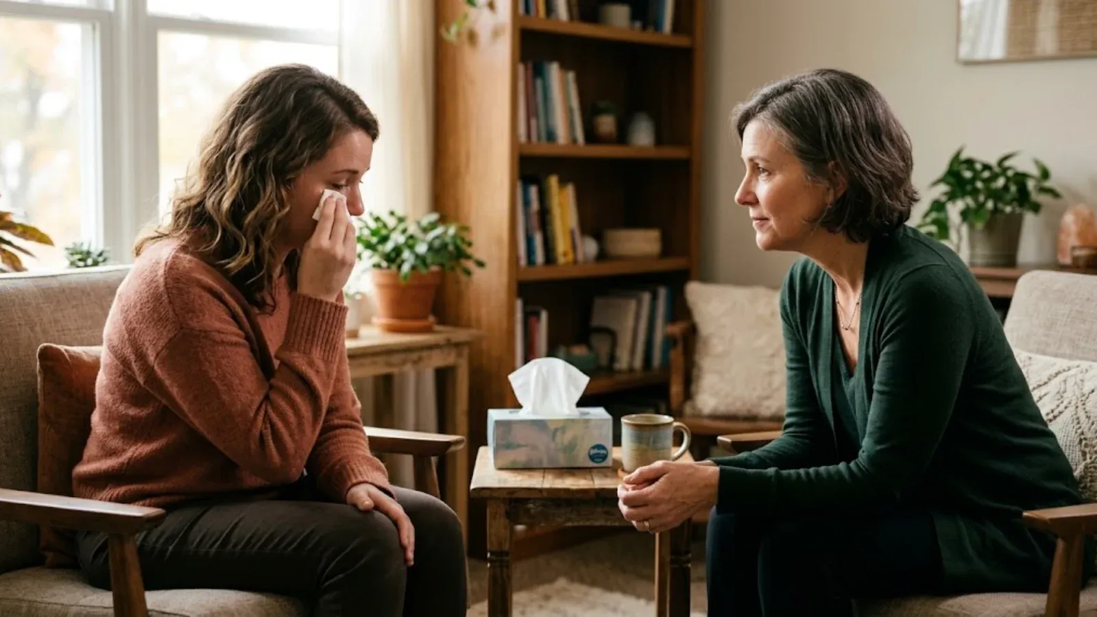A woman wiping a tear during a therapy session while her therapist listens with compassion
