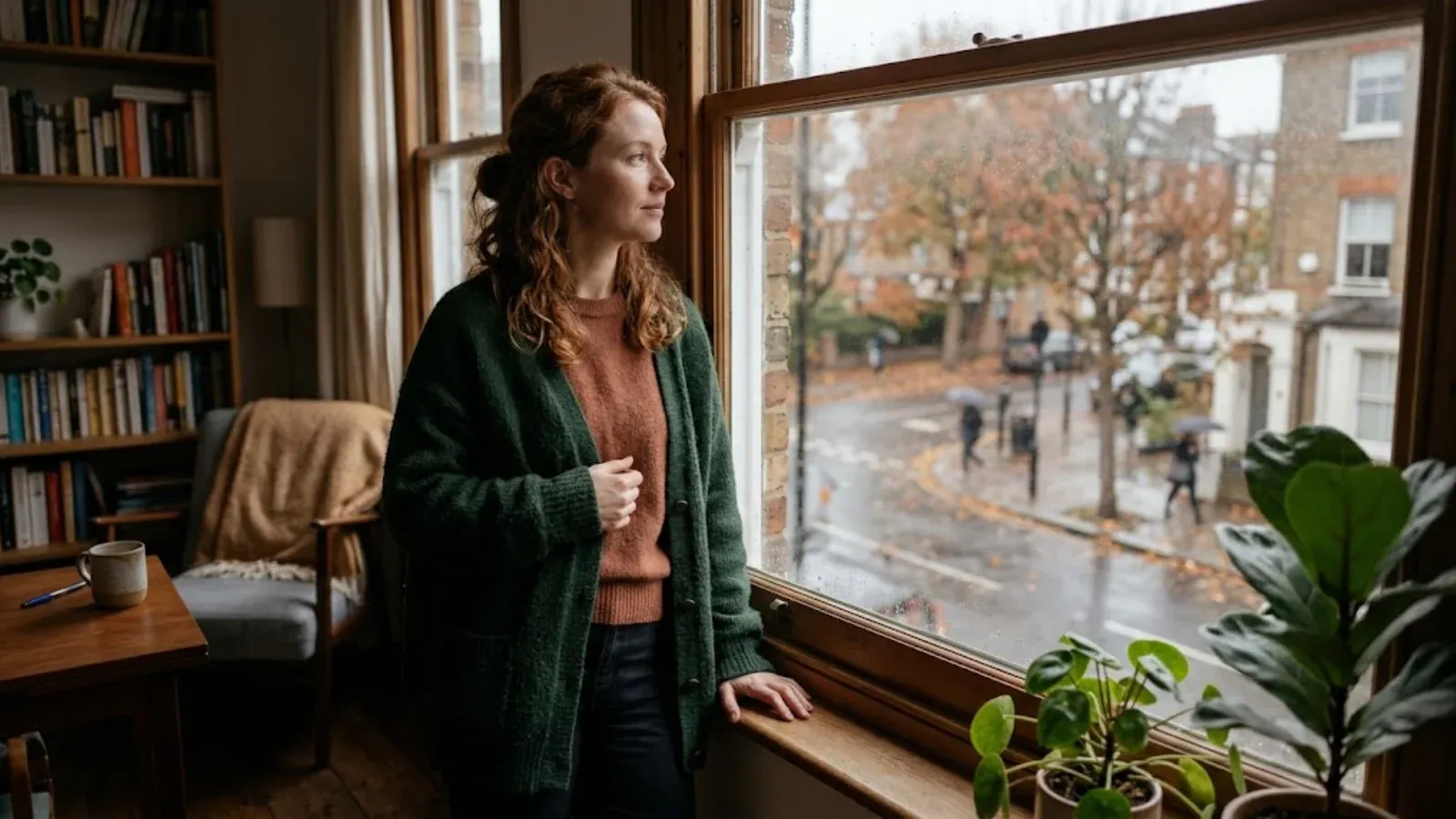 A woman by a window on a gray late afternoon