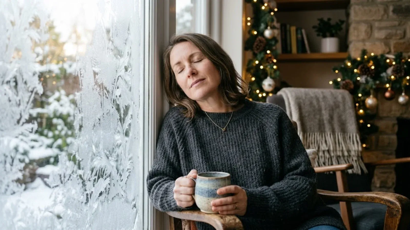A woman by a frosty window with a warm mug practicing slow breathing