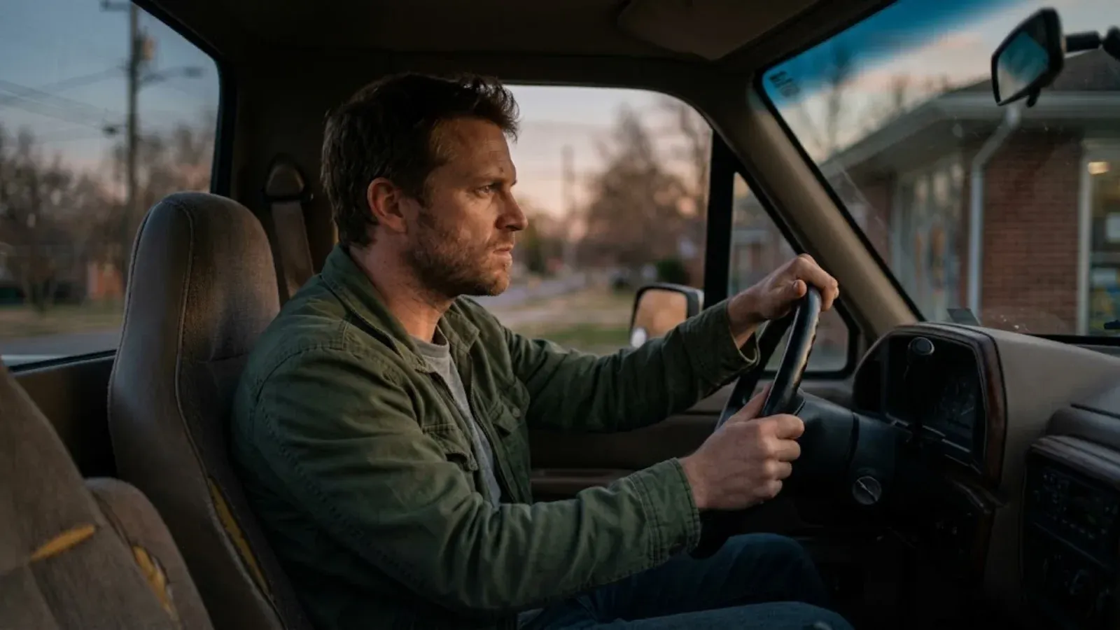 A man gripping the steering wheel of his parked truck at dusk with a tense expression