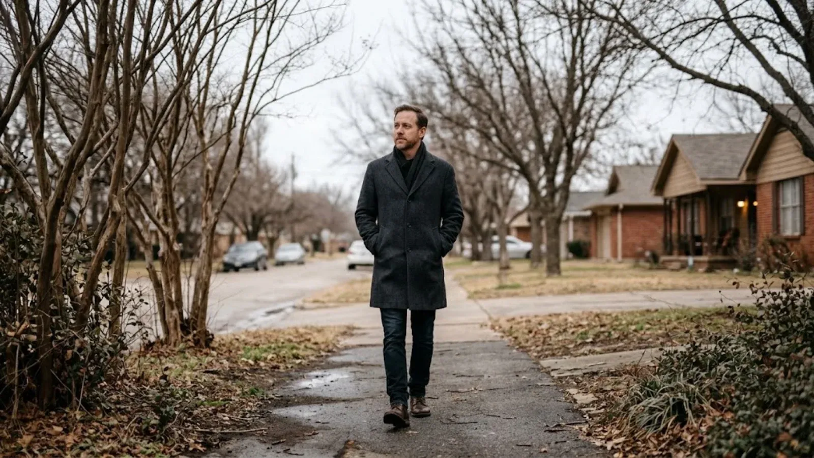 A man walking alone on a gray winter afternoon