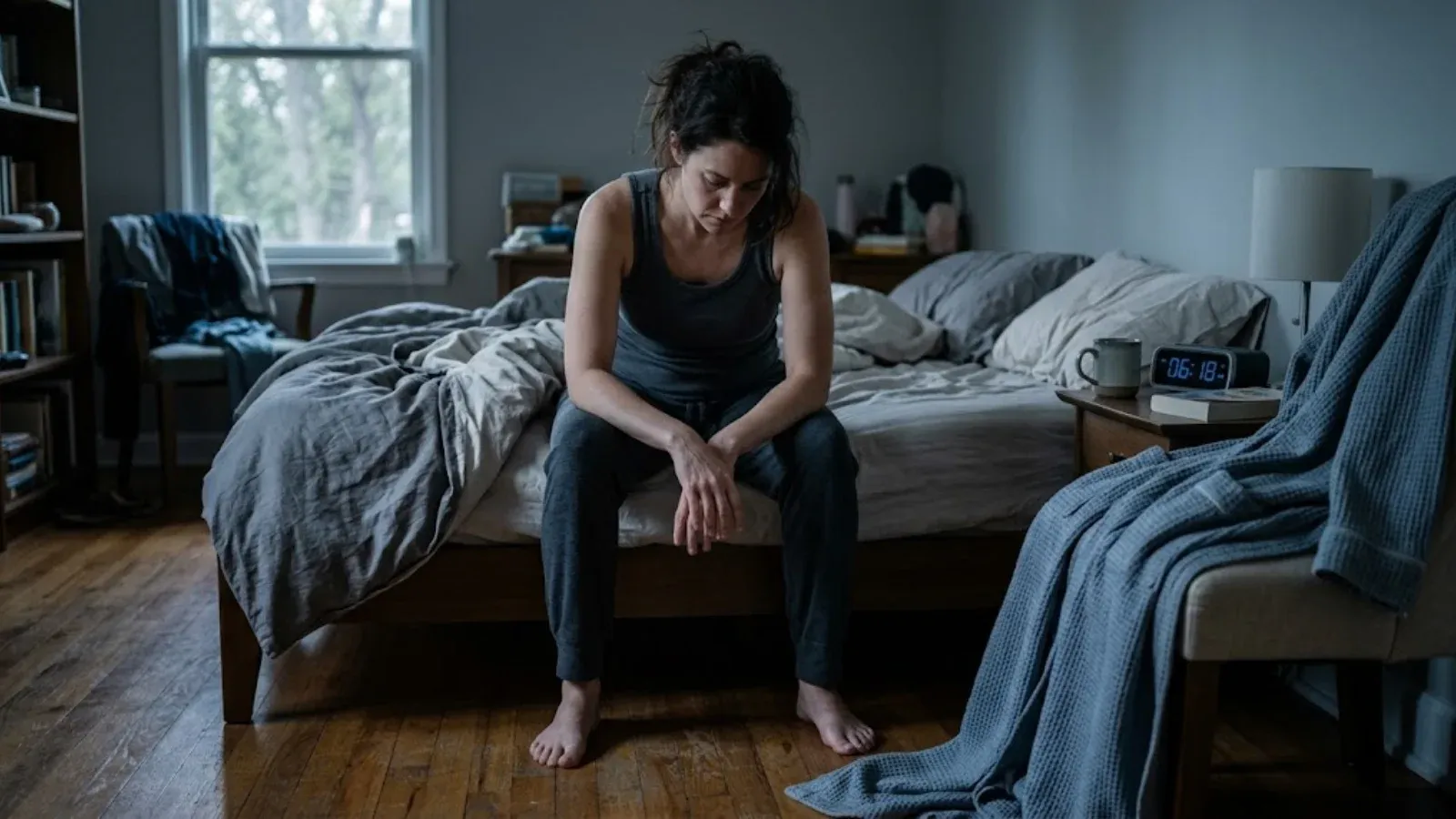A woman sitting heavily on the edge of her bed in gray early-morning light