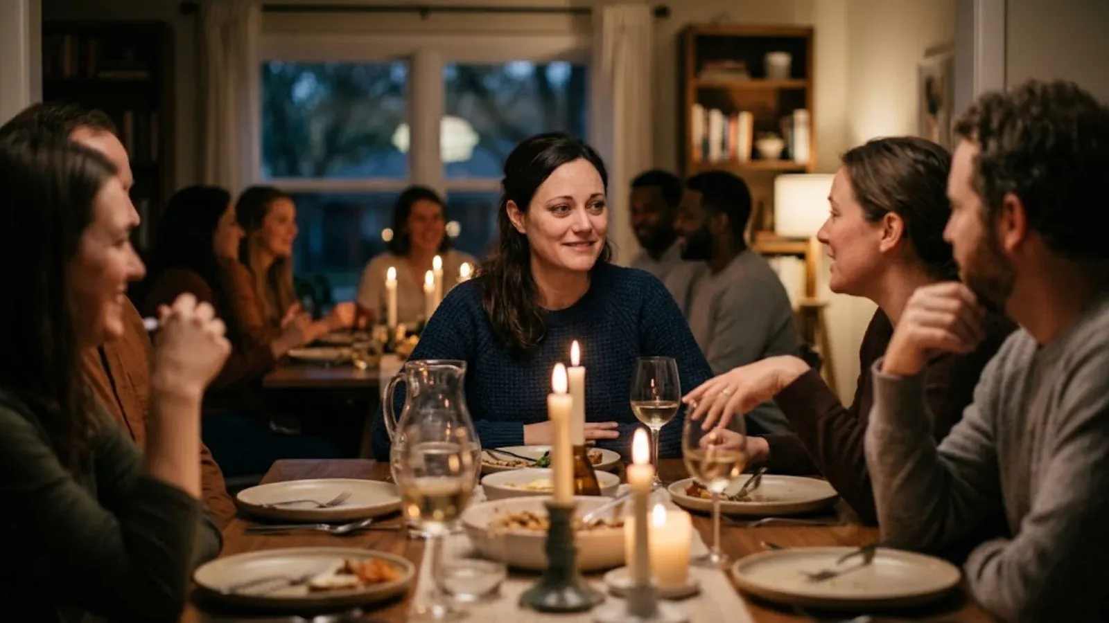 A woman at a candlelit dinner with friends, smiling faintly but looking emotionally distant