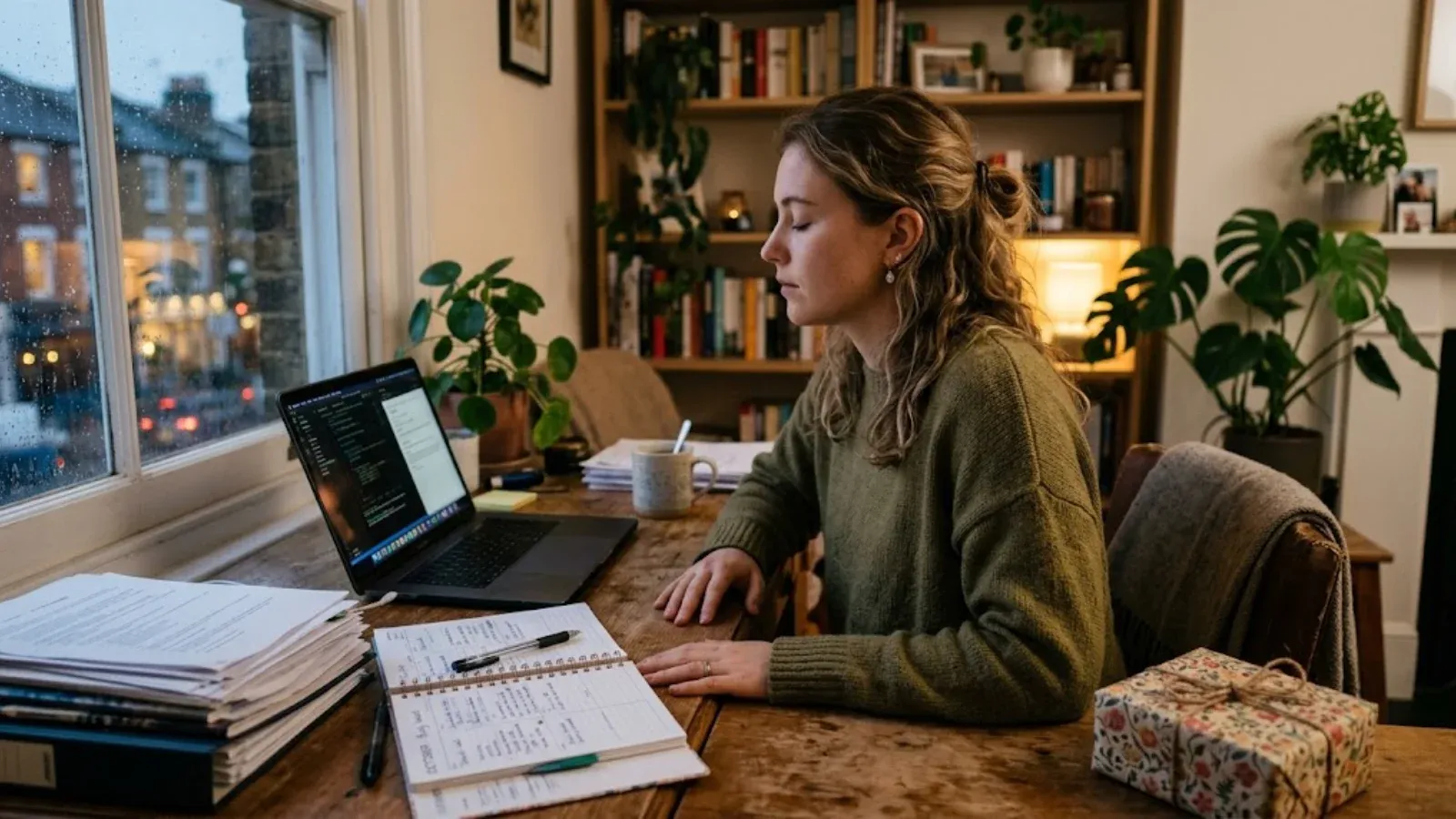 A woman at a desk with a laptop, planner and papers pausing with eyes closed during a stressful week