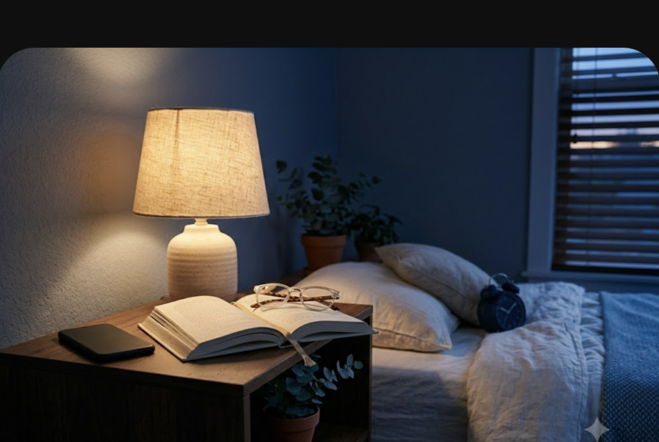 Phone lies beside an open book and reading glasses on a nightstand under a lit lamp.