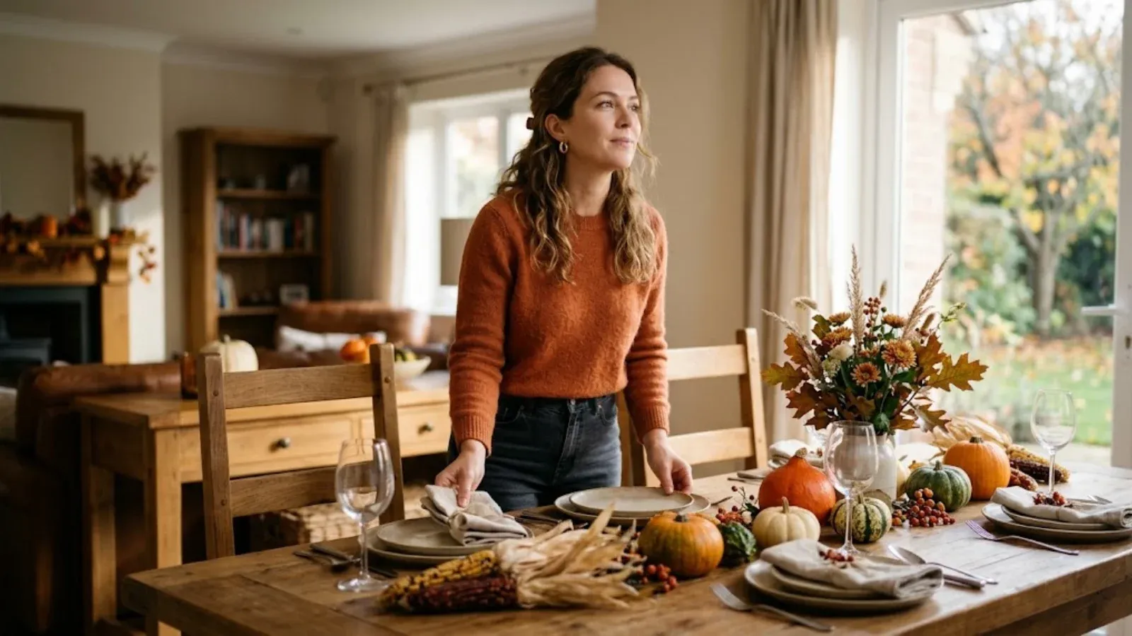 A woman setting a Thanksgiving table and taking a calm breath