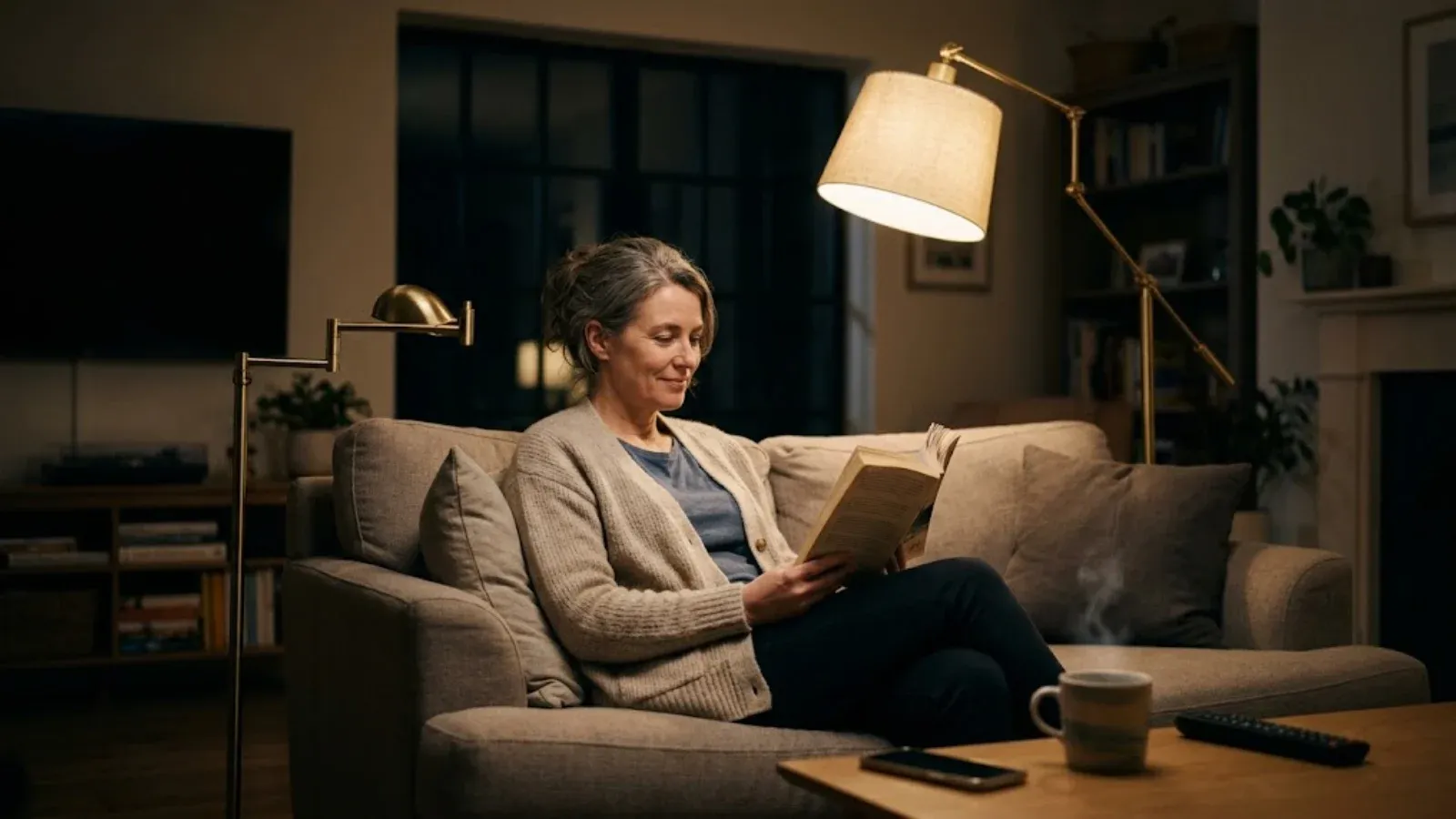 A woman reading a book on her sofa at night with her phone face-down on the coffee table