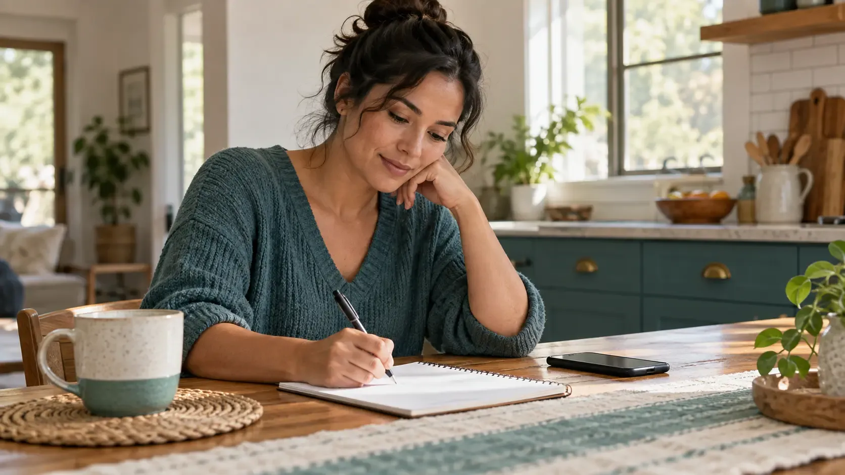 Adult writes a news-boundary plan beside a face-down phone at a sunlit kitchen table.