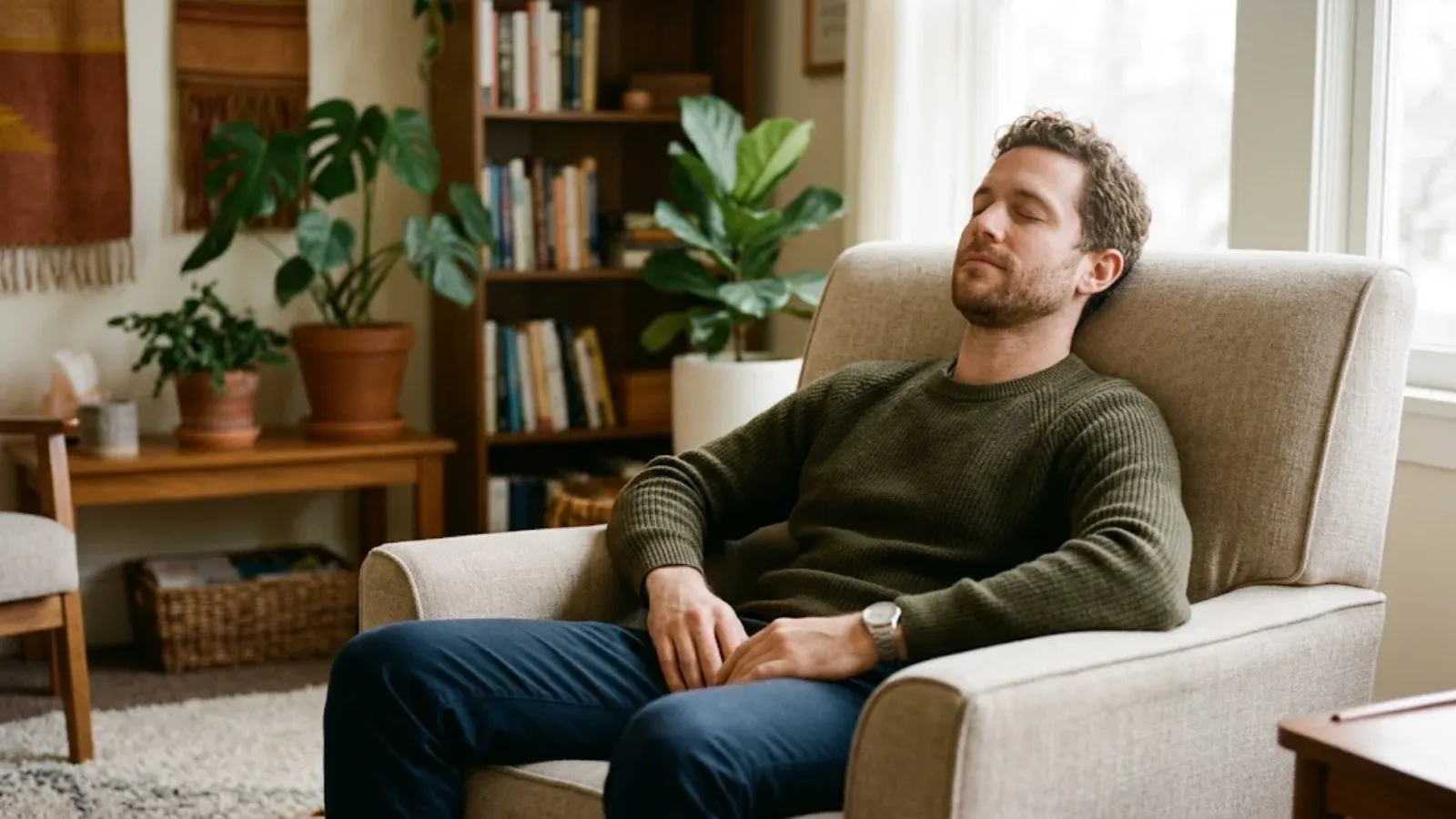 A man sitting calmly in a therapy office armchair