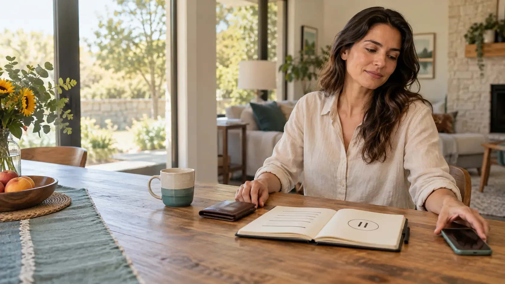 Woman moves her phone away beside a closed wallet and open notebook at a sunlit table.
