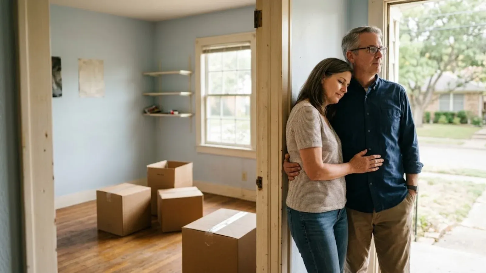A couple standing in the doorway of their grown child's empty bedroom with packed boxes