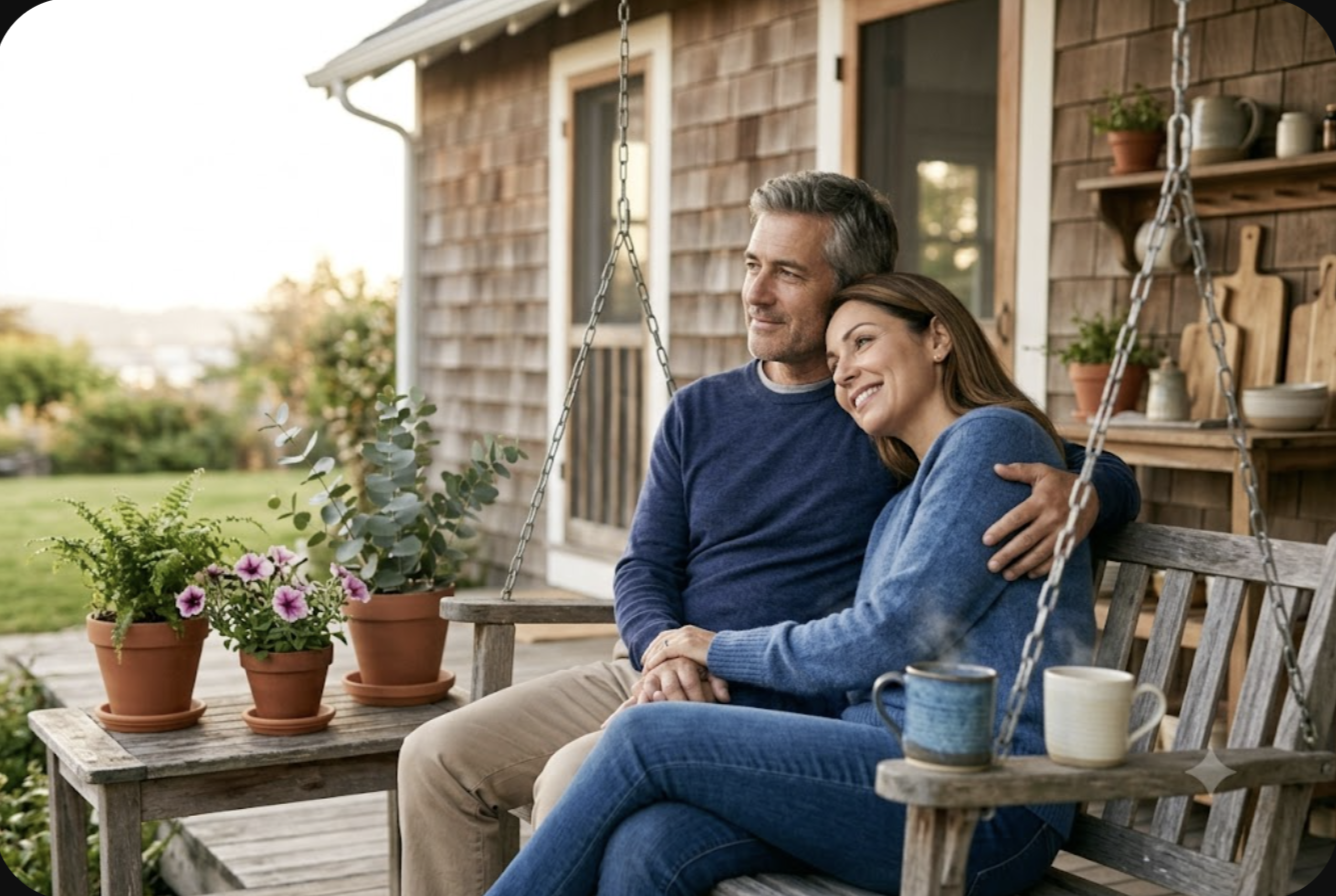 Couple in their 50s sitting close on a porch swing at golden hour with coffee, rebuilding connection after the kids leave home and empty nest depression lifts