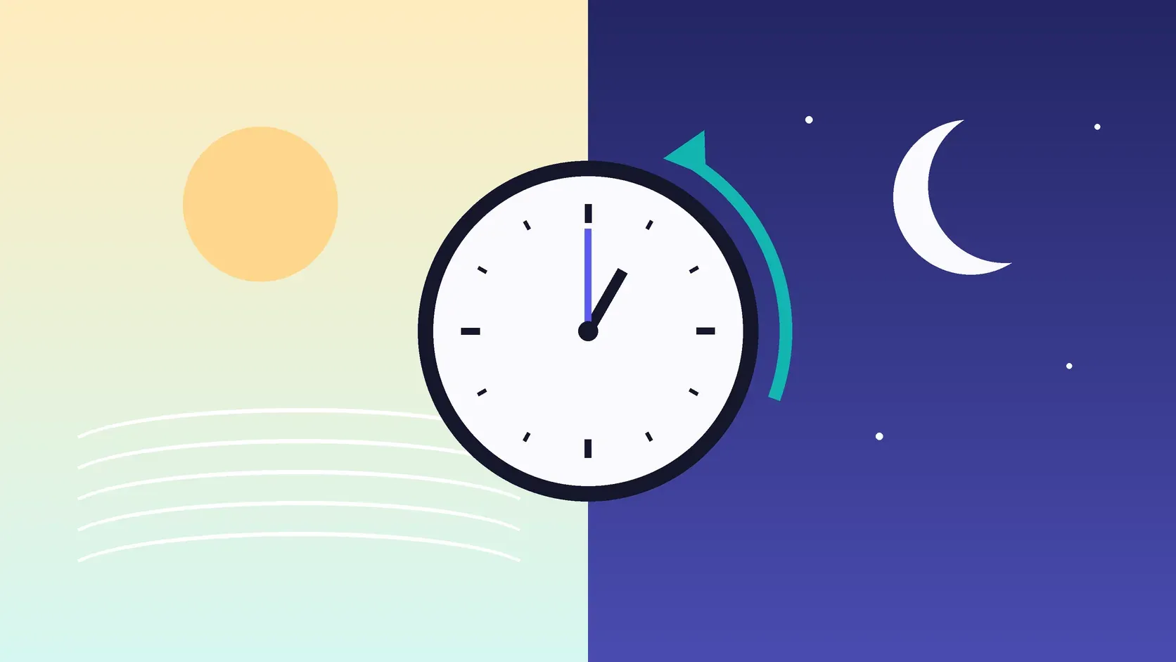 Illustration of a clock turned back one hour, split between a daytime sun and a night sky with a crescent moon.