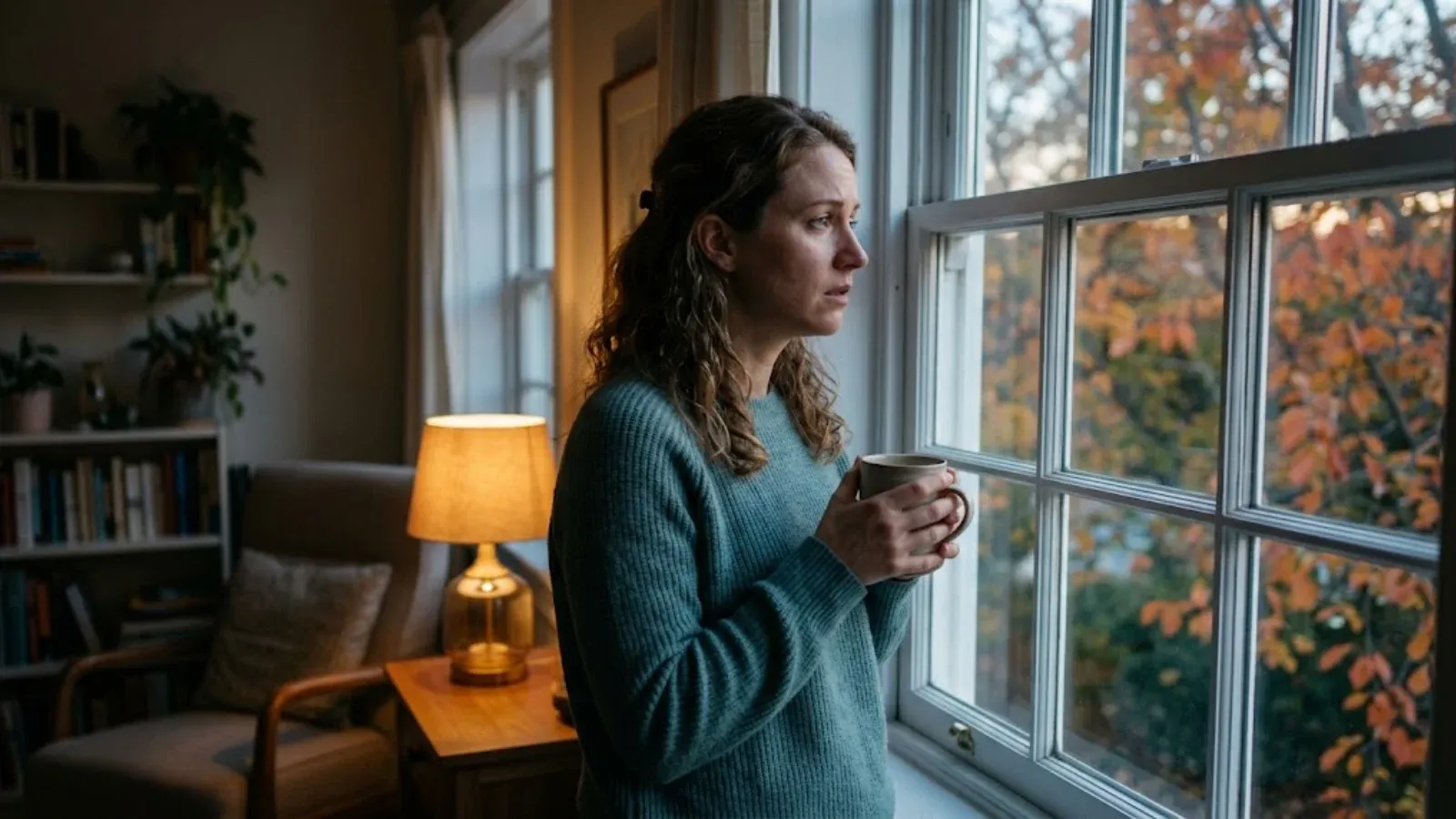 A woman holding a warm mug at a window as autumn light fades early, looking worried and tired