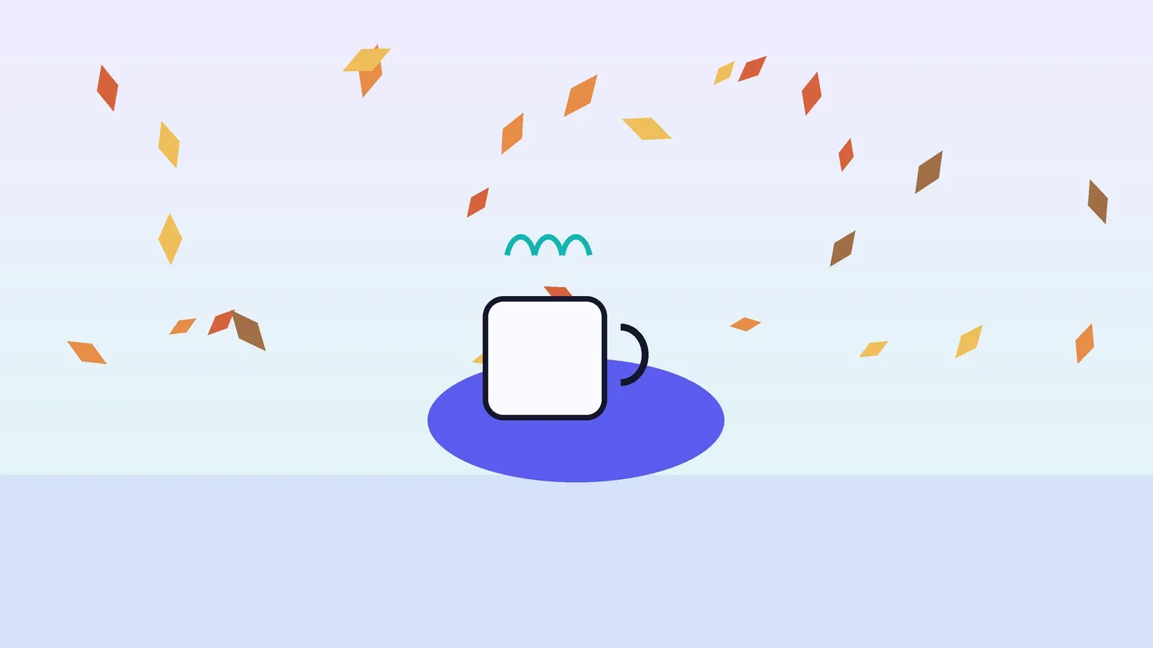 Illustration of a warm mug on a table with autumn leaves drifting in the background.