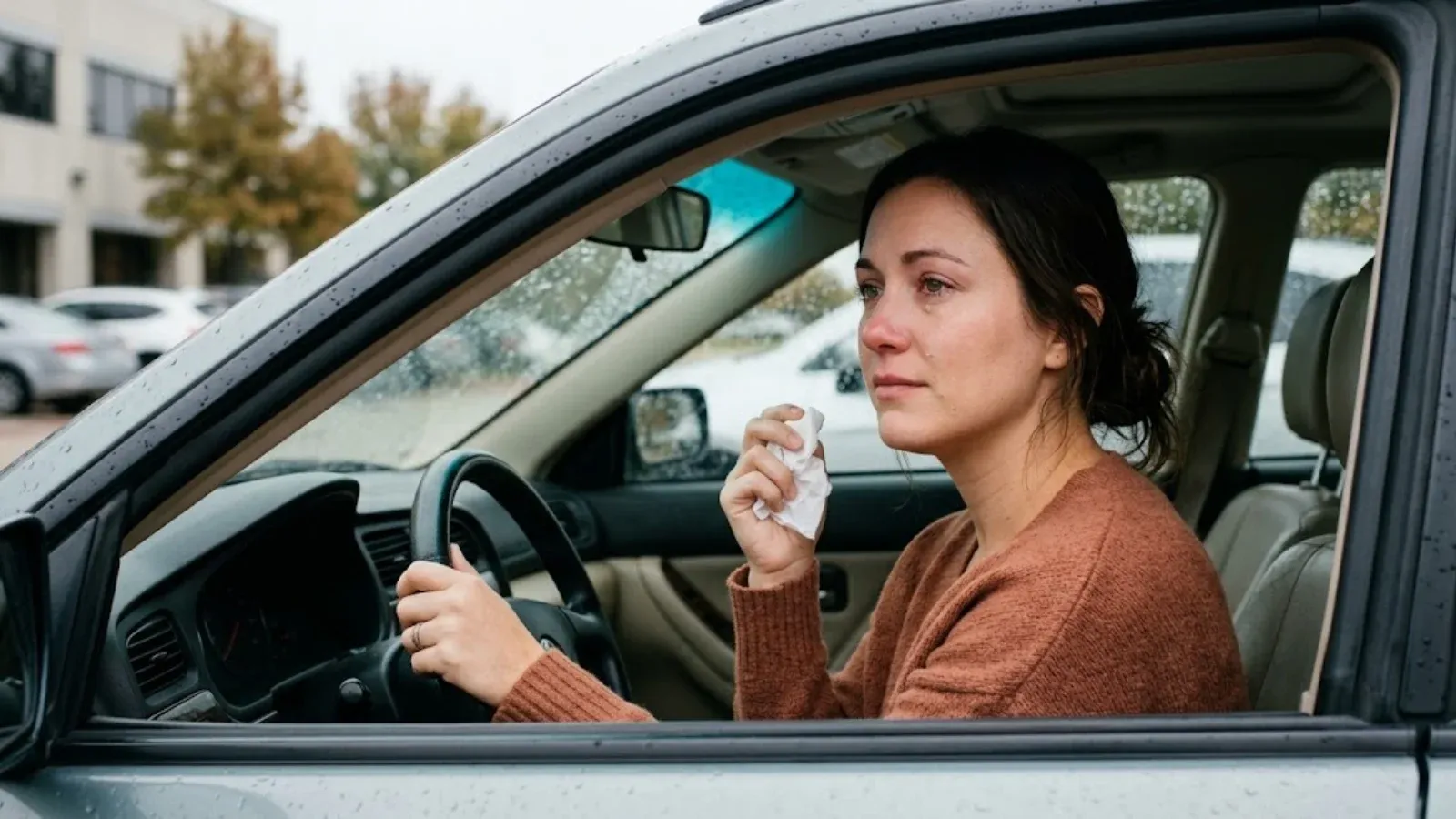A woman sitting in her car after a therapy appointment holding a tissue, calm and reflective