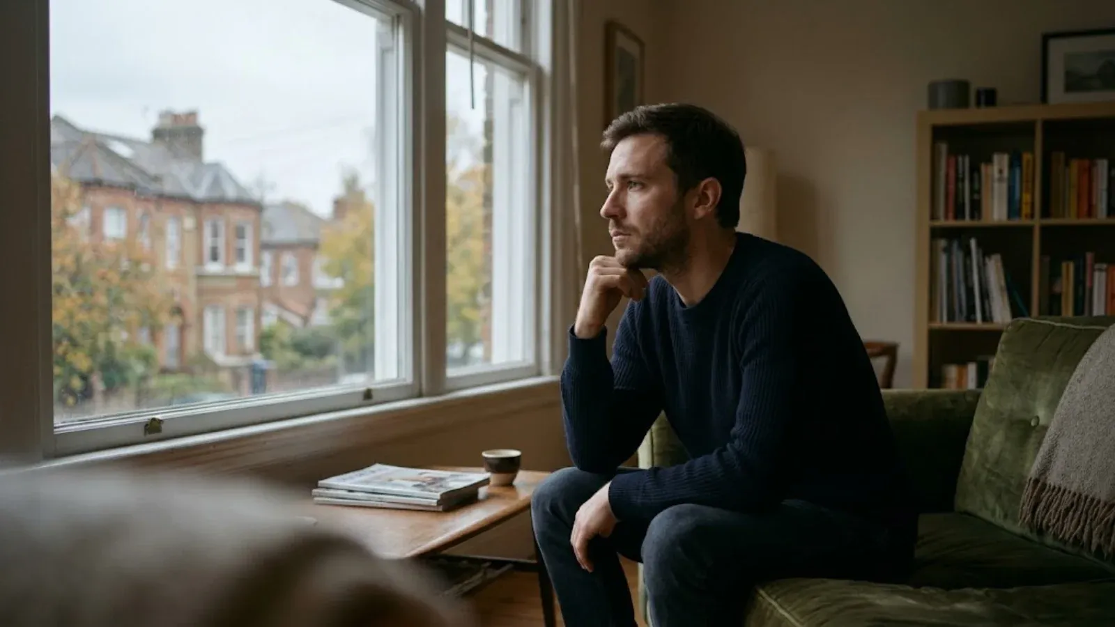 A man on a couch gazing out a window on an overcast afternoon