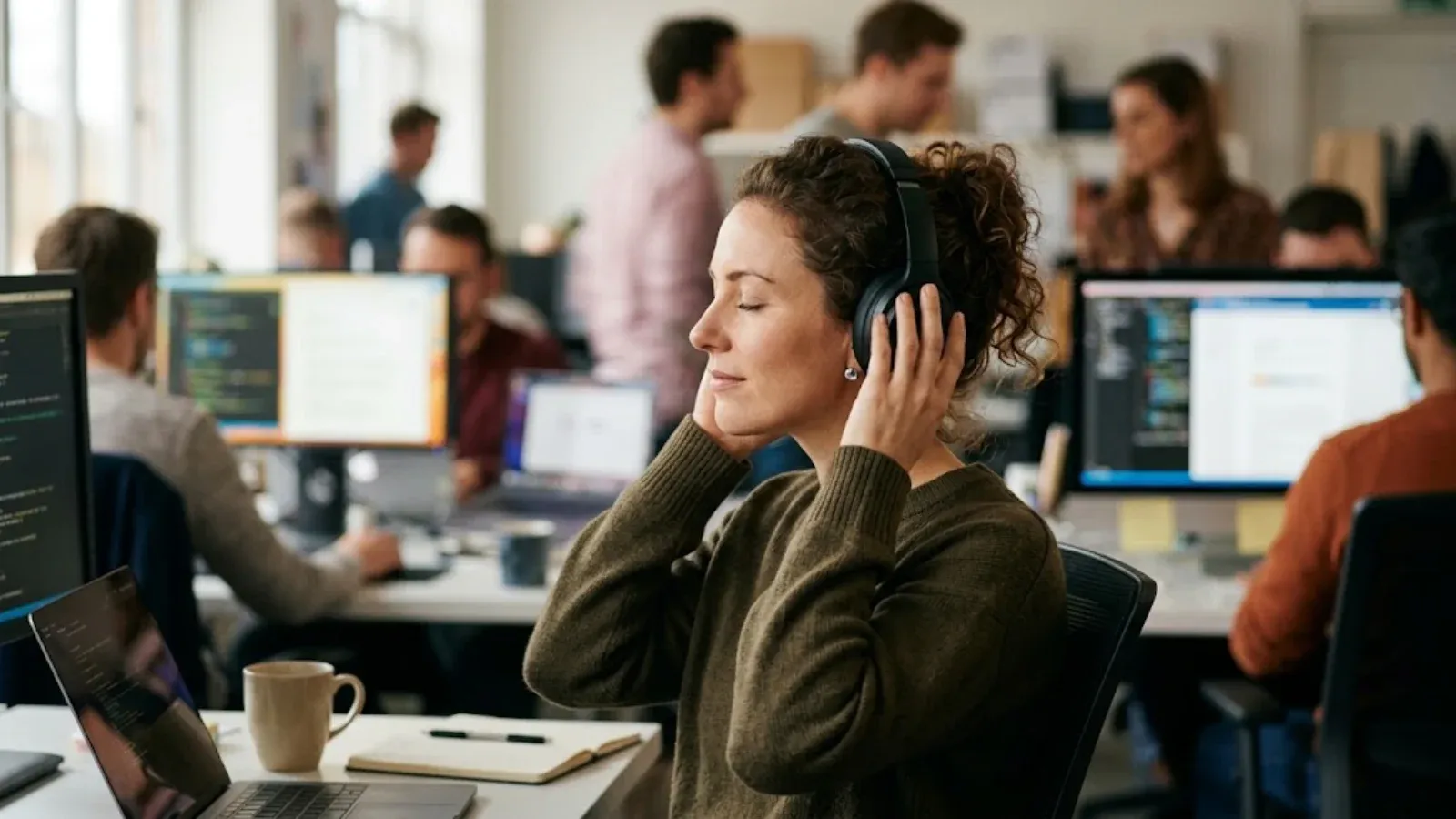 A woman in a busy office putting on headphones and closing her eyes for a moment of calm
