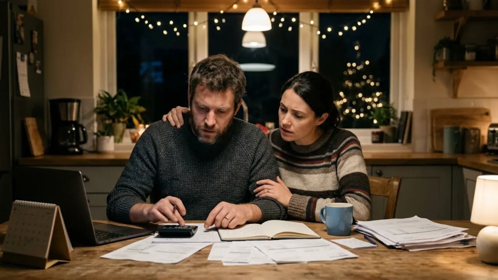 A couple reviewing bills at a kitchen table with holiday lights in the window