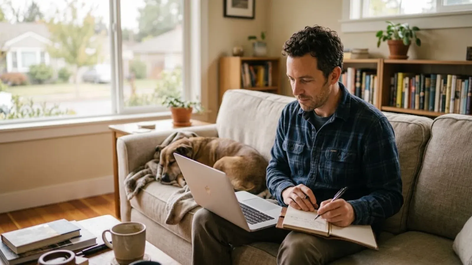 A man on his sofa making a short list in a notebook while researching on a laptop