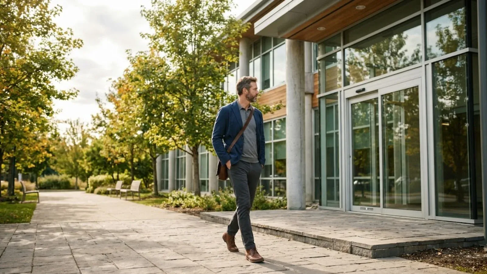 A man walking toward a clinic entrance