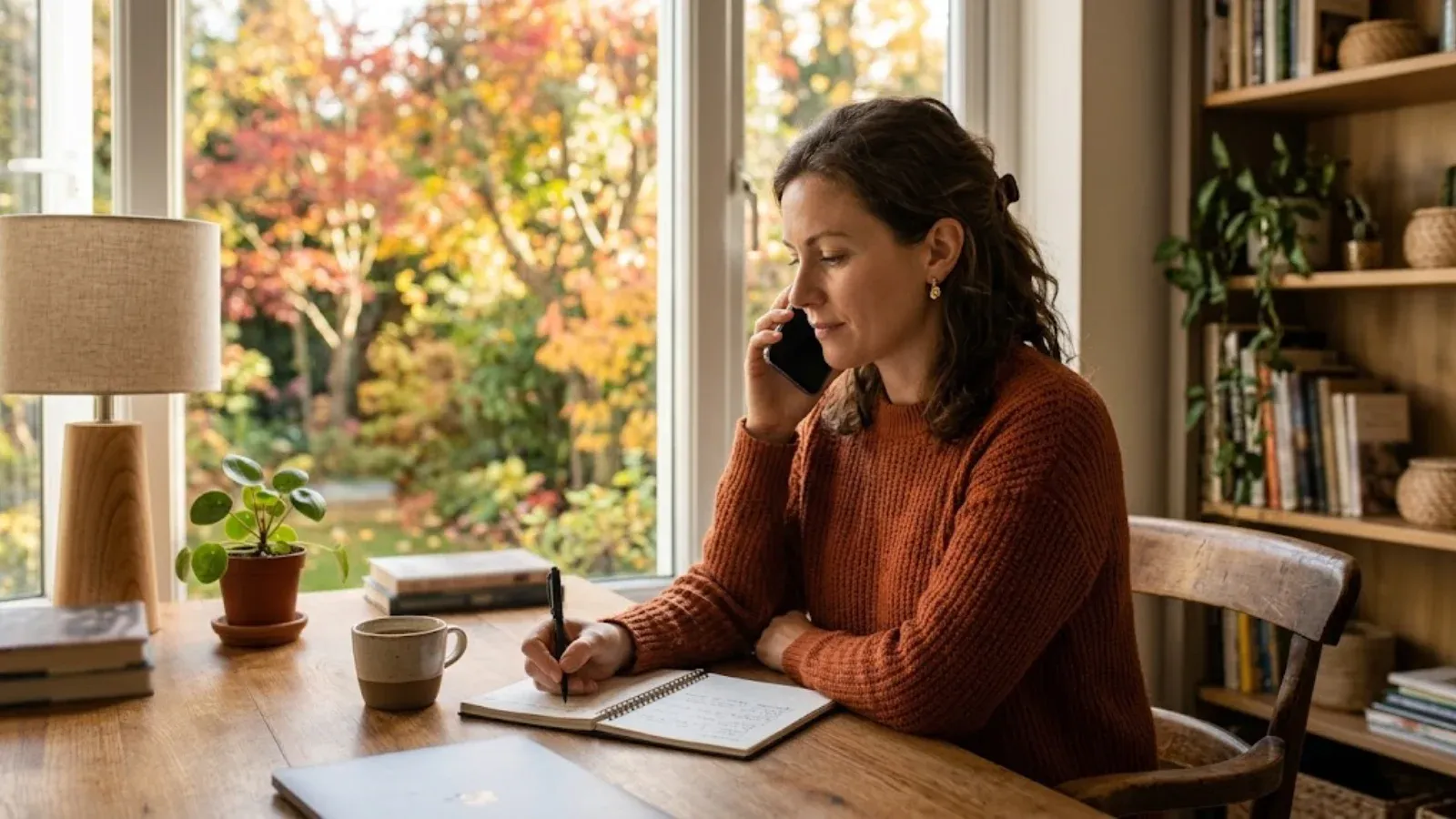 A woman at a desk by a sunlit window making a phone call and taking notes