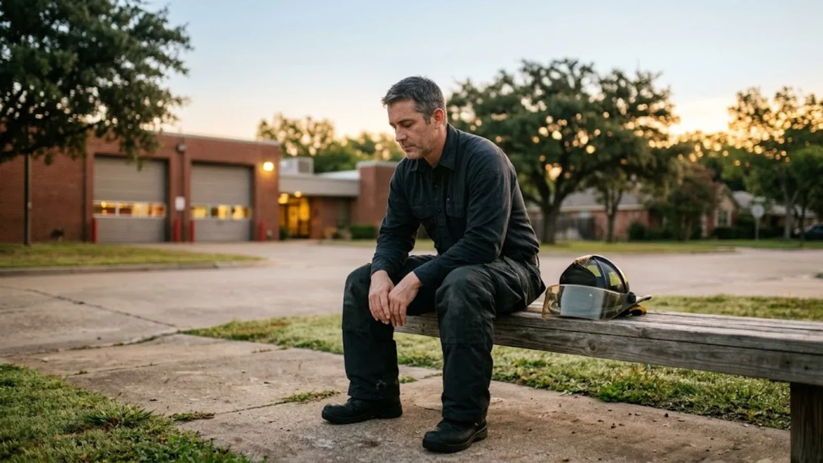A first responder sitting alone on a bench outside a station at dawn after a long shift