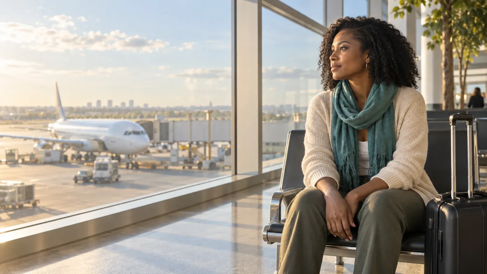 Traveler seated beside a carry-on near an airport window, with an airplane outside.