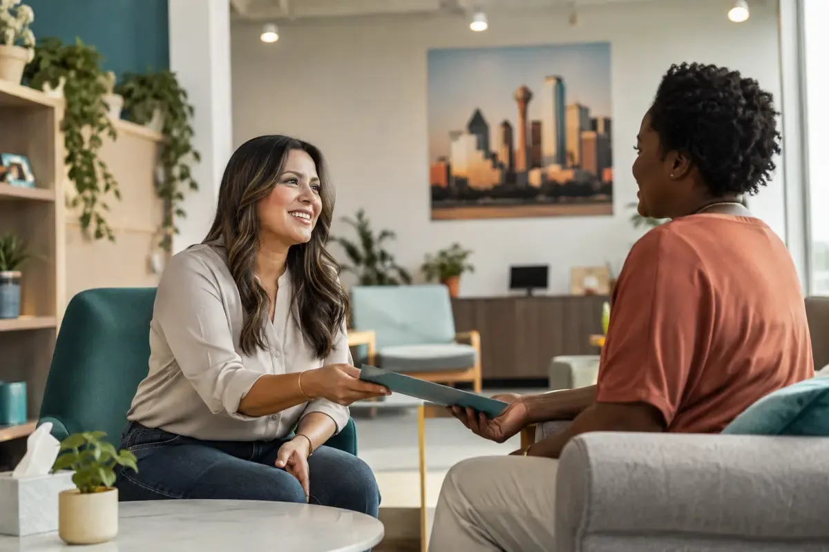 Community resource specialist sharing a mental health services guide with a visitor in a welcoming Dallas–Fort Worth center