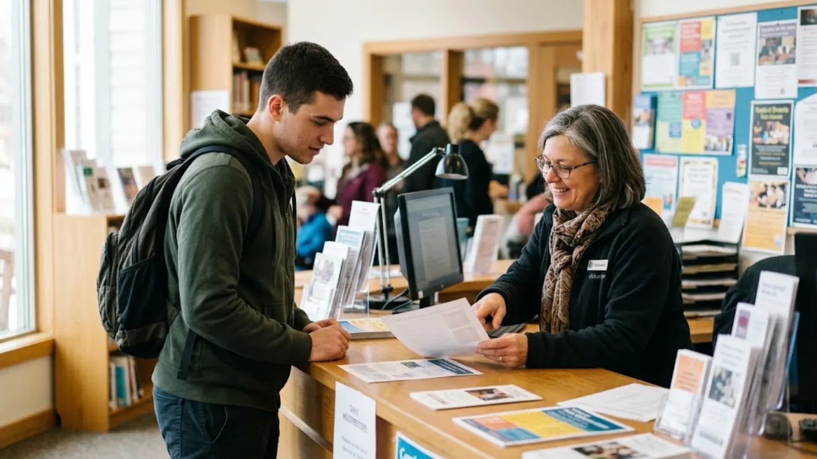 A young man getting help from a friendly volunteer at a community center help desk