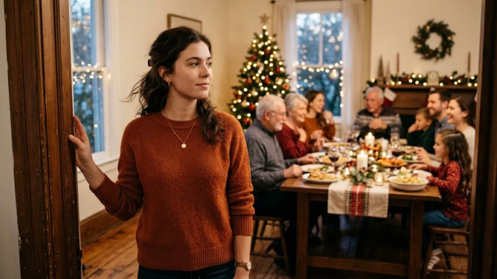 A woman pausing at the doorway of a holiday dining room