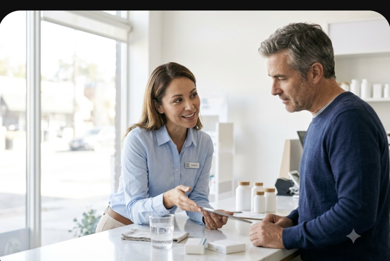 Pharmacist explaining a medication to a middle aged man at a bright pharmacy counter, discussing off-label gabapentin for anxiety