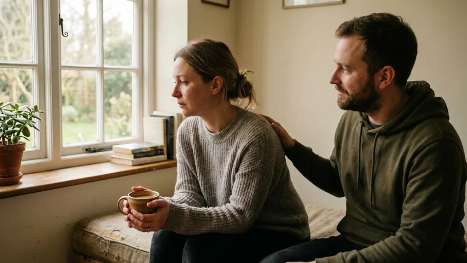 A woman holding a mug by a window while her partner rests a comforting hand on her back