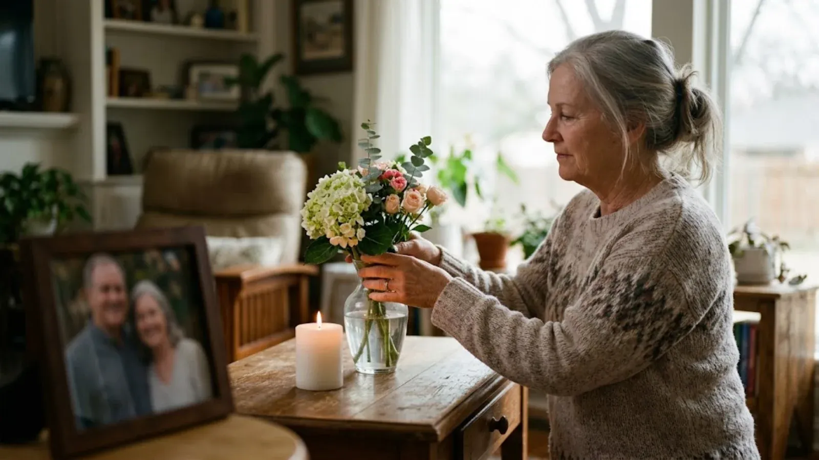 An older woman placing fresh flowers in a vase beside a candle and a framed photo