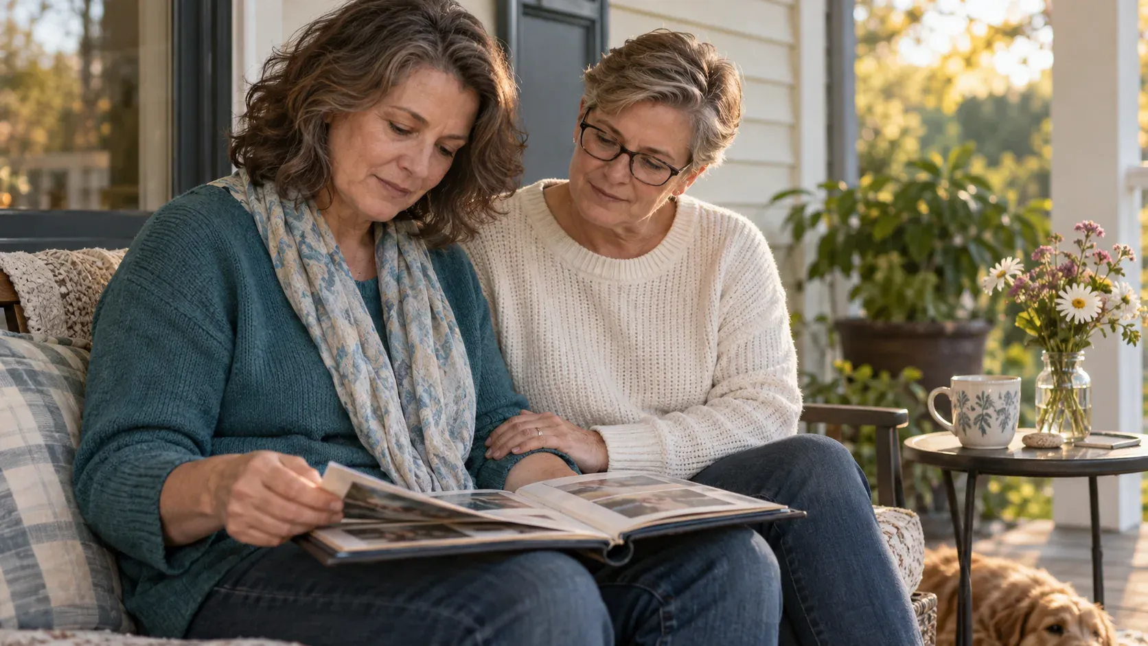 Two adults look through a photo album together on a porch beside a cup and flowers.
