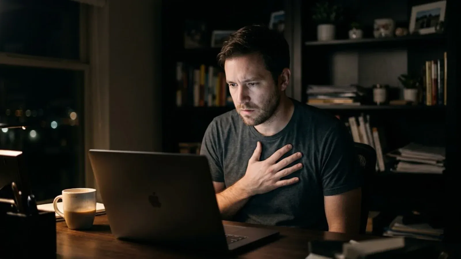 A worried man at his desk late at night with a hand on his chest, lit by his laptop