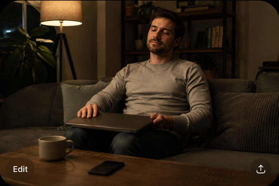 Man closing his laptop at night with a relieved exhale, phone face down on the coffee table, ending a late-night symptom search and breaking the health anxiety loop
