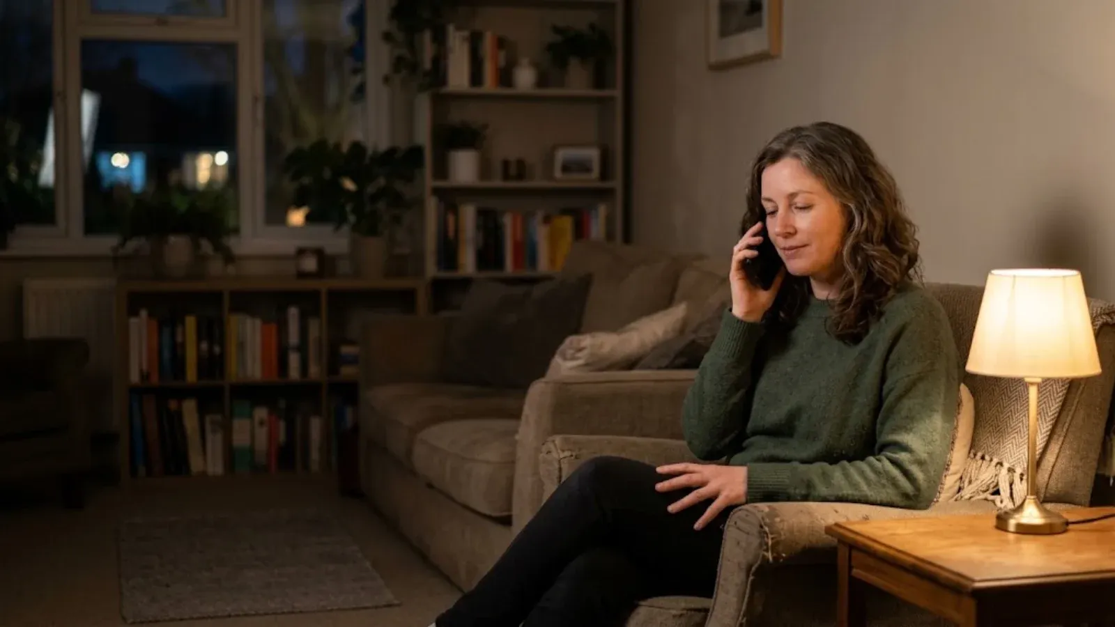 A woman on the phone in a calm living room at night