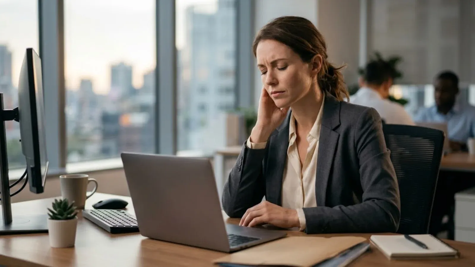 A professional woman pausing at her desk